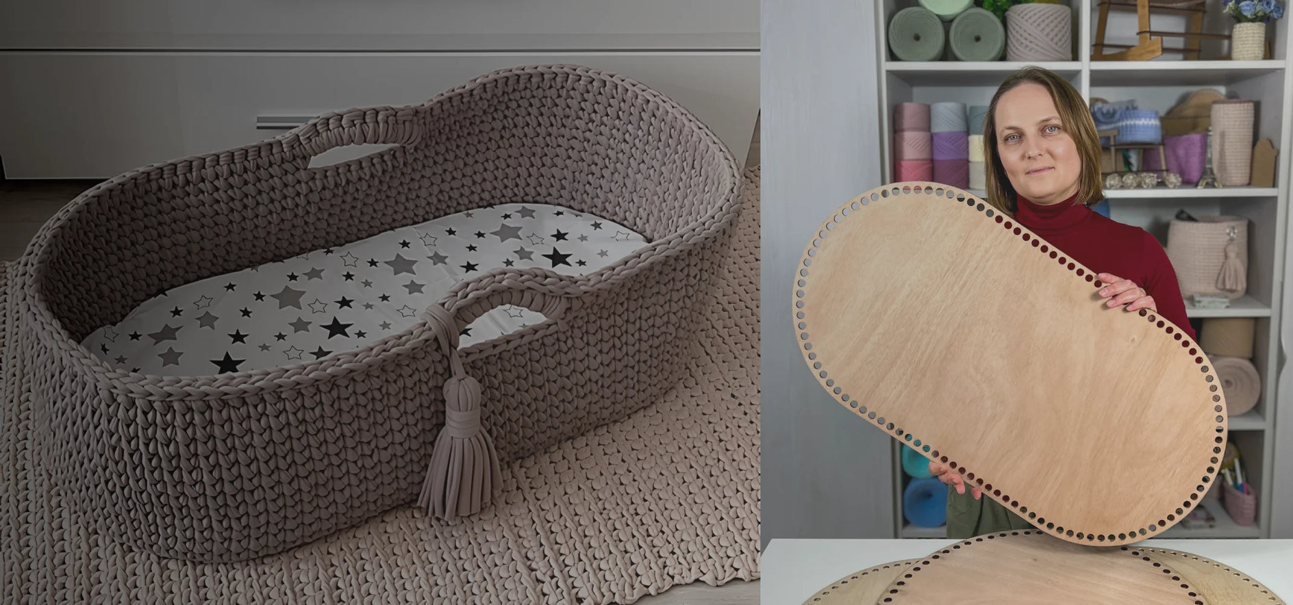 Textile product with star pattern and tassel, next to a woman holding a wooden product.